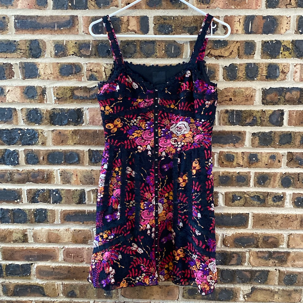 Anna Sui 100% Silk Floral Mini Dress, Full Clasp Closures, Butterfly Trim, W’s 2